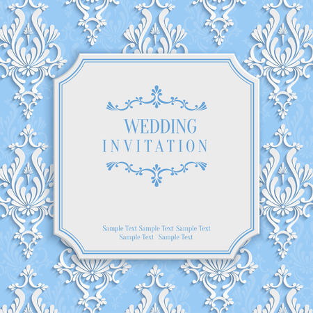 Vector Blue Vintage Background with 3d Floral Damask Pattern for Greeting or Invitation Card Design in Paper Cut Styleのイラスト素材