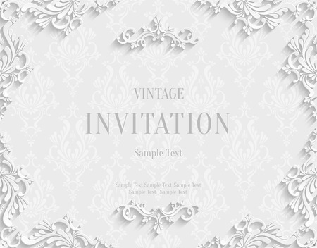 Vector White Vintage Background with 3d Floral Damask Pattern Template for Greeting or Invitation Card Design in Paper Cut Styleのイラスト素材