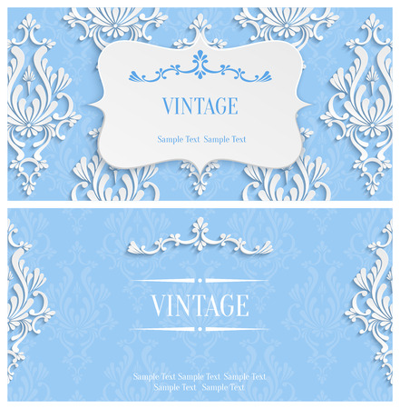 Vector Blue Vintage Background with 3d Floral Damask Pattern Template for Greeting or Invitation Card Design in Paper Cut Styleのイラスト素材