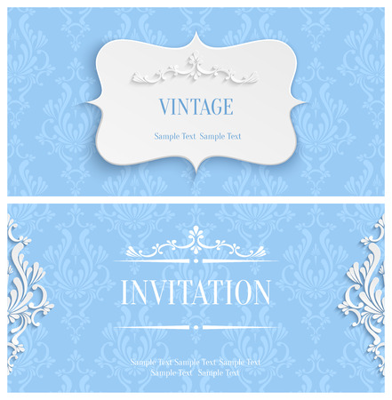 Vector Blue Vintage Background with 3d Floral Damask Pattern for Greeting or Invitation Card Design in Paper Cut Styleのイラスト素材