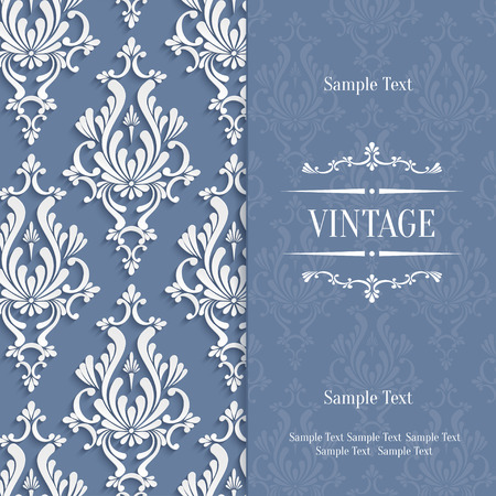 Vector Grey Vintage Background with 3d Floral Damask Pattern Template for Wedding or Invitation Cardのイラスト素材