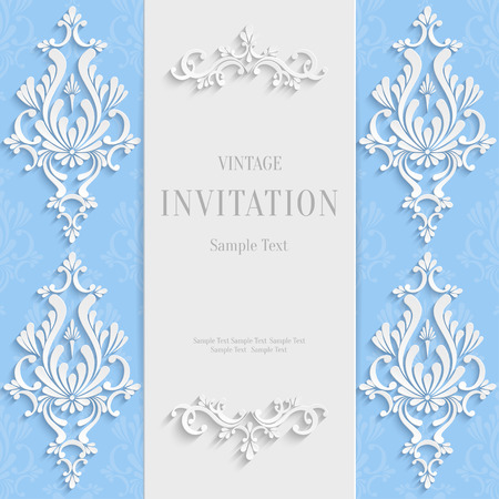 Vector Blue Christmas Vintage Invitation Card with 3d Floral Patternのイラスト素材