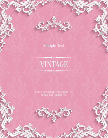 Vector Pink Vintage Background with 3d Floral Damask Pattern Template for Greeting or Invitation Card Design in Paper Cut Styleのイラスト素材