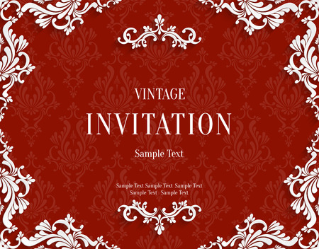 Vector Red Vintage Background with 3d Floral Damask Pattern Template for Greeting or Invitation Card Design in Paper Cut Styleのイラスト素材