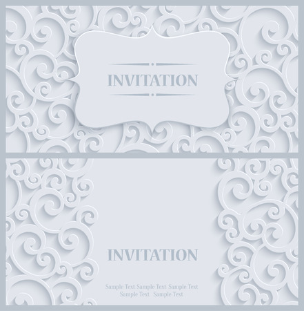 3d Swirl Background with Floral Damask Curl Pattern for Greeting or Invitation Card Design in Paper Cut Style. Vector White Vintage Templateのイラスト素材