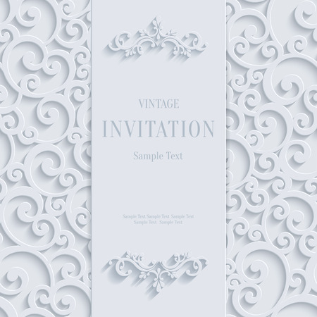 White 3d Floral Curl Background with Swirl Damask Pattern for Christmas or Wedding or Invitation Card. Vector Vintage Design Templateのイラスト素材