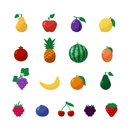 Vector Icons Fruits and Berries in Flat Style Set Isolated over White with Apple, Pear, Banana, Lemon, Cherry, Strawberry, Raspberry, Blueberry, Blackberry, Grapes, Pomegranate, Pineapple, Orange, Plum, Watermelon, Avocado, Apricotのイラスト素材