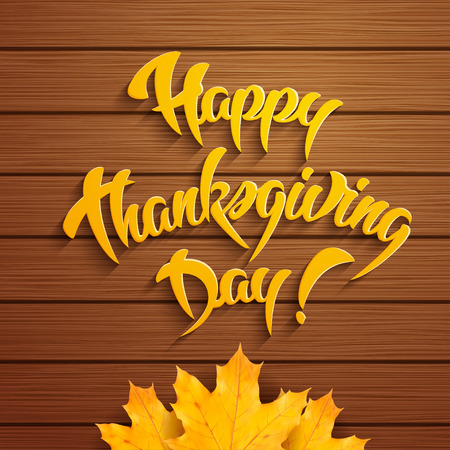 Happy Thanksgiving Day - hand drawn greeting card with maple leaves on wooden backgroundのイラスト素材