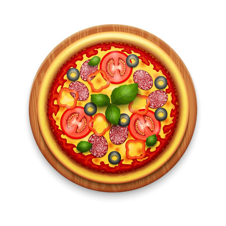 Vector realistic pizza with cheese, cherry tomatoes and basil on wooden cutting boardのイラスト素材