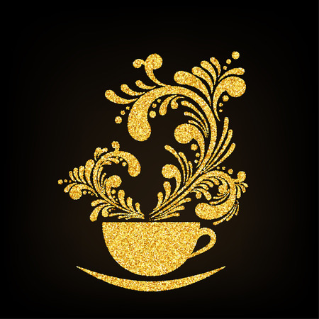 Gold Glitter Cup of Coffee with Floral Aroma on Black Backgroundのイラスト素材