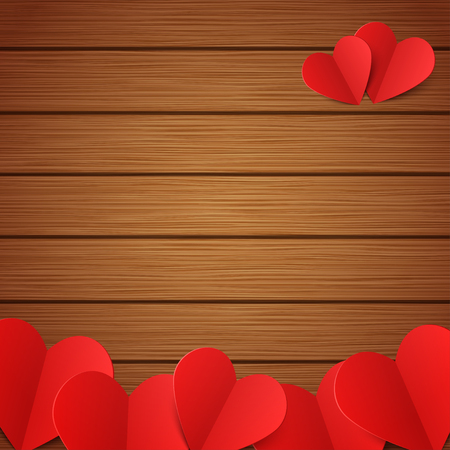 Vector wooden background with red paper hearts, Valentines day backdrop with copy space, design element.のイラスト素材