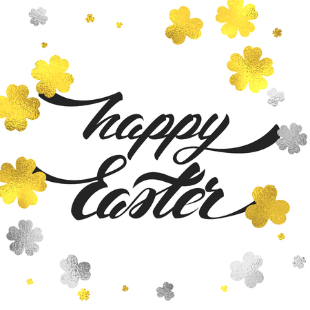 Happy Easter Vector Hand Lettering Greeting Card with Gold and Silver Foil Glittering Decorationのイラスト素材