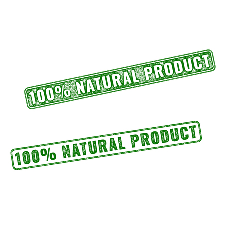 Set of green realistic vector 100 percent Natural Product grunge rubber stamp isolated on white background.のイラスト素材