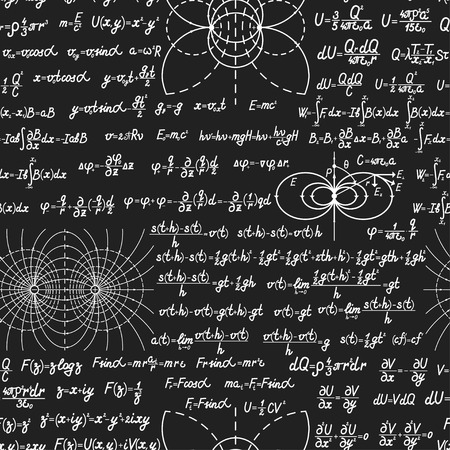 Physical vector seamless pattern with formulas, equations and figures, handwritten on a blackboard seamless designのイラスト素材