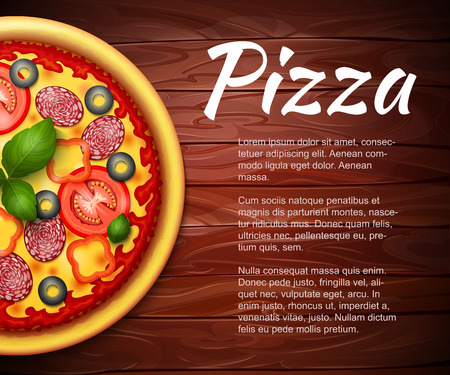 realistic Pizza recipe or menu vector background. Pizza with tomatoes and pepperoni on wooden table with copy space asideのイラスト素材