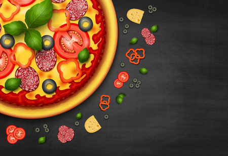 Realistic vector Pizza recipe or menu black background. Pizza with tomatoes and pepperoni on blackboardのイラスト素材