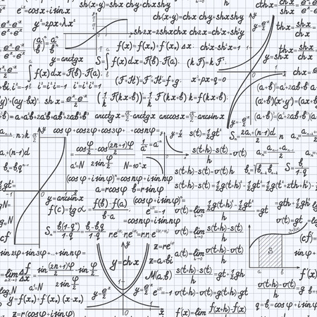 Mathematical vector seamless pattern background with formulas, equations and figures, handwritten in a notebookのイラスト素材