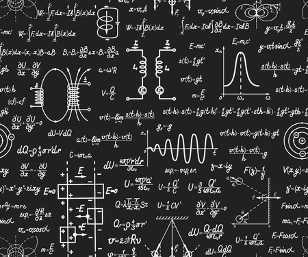 Physical vector seamless pattern with formulas, equations and figures, handwritten on a blackboard seamless designのイラスト素材