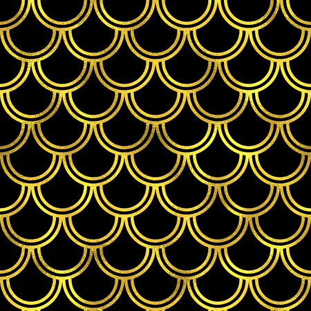 Abstract seamless scaled pattern with golden scales. Vector art deco fashion background, gold on blach oriental seamless ornamentのイラスト素材
