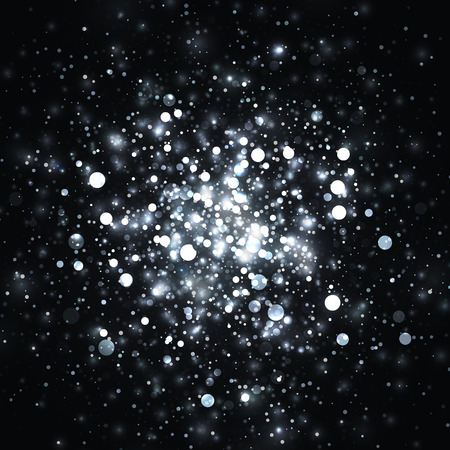 Vector silver glowing light glitter background. Christmas magic lights background. Star burst with sparkles on black backgroundのイラスト素材