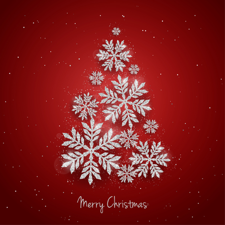 Vector Christmas New Year greeting card with sparkling glitter golden textured snowflakes make Christmas tree shape on red background. Seasonal holidays backgroundのイラスト素材
