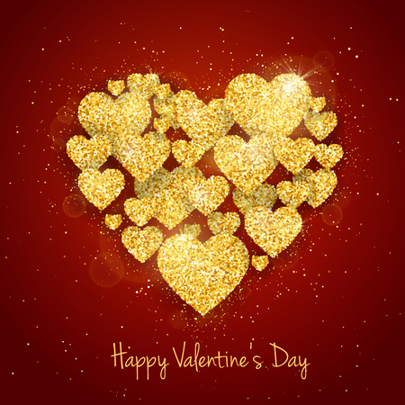 Vector Happy Valentine's Day greeting card with sparkling glitter gold textured hearts on red background in heart shapeのイラスト素材