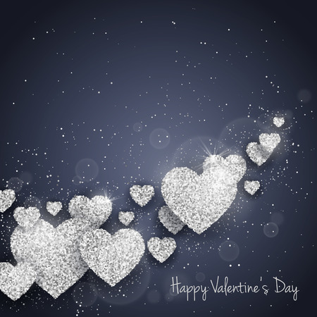 Vector Happy Valentines Day greeting card with sparkling glitter silver textured hearts. Seasonal holidays background. Love Symbol backgroundのイラスト素材