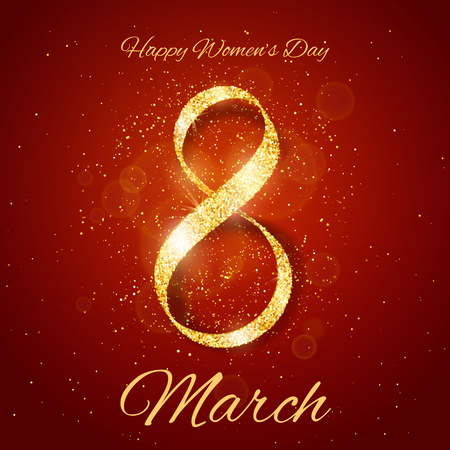 Vector Happy Womens Day greeting card with sparkling glitter gold ribbon figure eight on red background. 8 march luxury backgroundの写真素材
