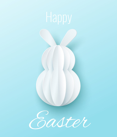 Vector Happy Easter Greeting Card with Paper Easter Rabbit Bunny on Blue Backgroundのイラスト素材