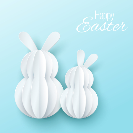 Vector Happy Easter Greeting Card with Paper Easter Rabbit Bunny on Blue Backgroundのイラスト素材