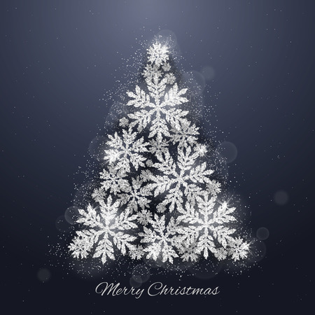 Christmas and new year dark blue background with Christmas tree made of silver glittering snowflakes on dark background. Merry Christmas greeting cardのイラスト素材