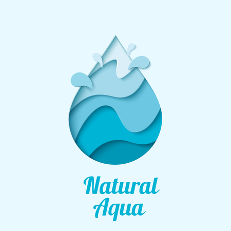 Natural aqua, water drop design template. Vector abstract waterdrop with splash paper cut style. Save water - ecology conceptのイラスト素材