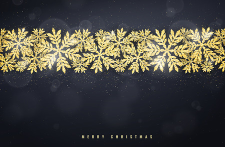 Merry Christmas and Happy New Year greeting card with gold glittering snowflakes frame on dark background. Winter seasonal holiday background.のイラスト素材