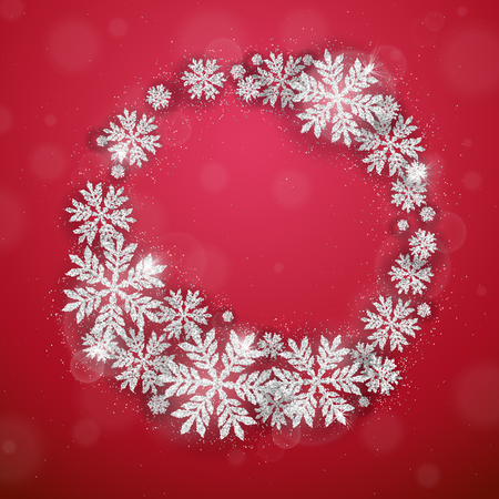 Merry Christmas and Happy New Year greeting card with silver glittering snowflakes wreath on red backgroundのイラスト素材