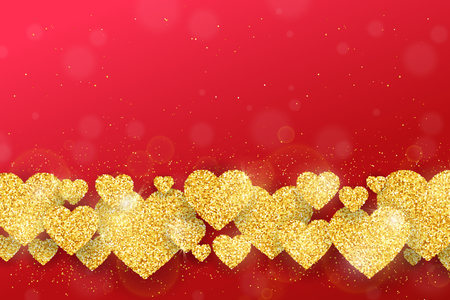 Happy Valentines Day greeting card with gold glittering hearts pattern on red background. Vector banner, flyer, poster template.のイラスト素材