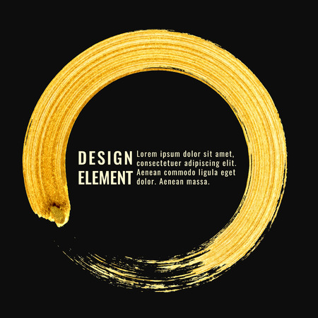 Gold hand drawn circle paint brush stroke isolated on black background. Abstract vector golden acrylic textured smear spot. Banner design templateのイラスト素材