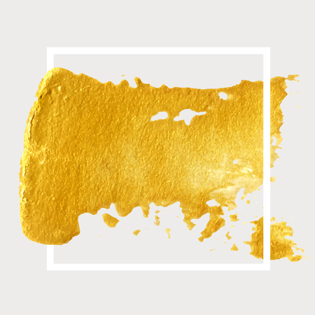 Gold hand drawn paint brush stroke with frame. Abstract vector golden acrylic smear spot. High detailed gold glittering textured palette knife paint strokeのイラスト素材