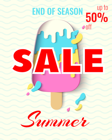Summer Sale template banner. Paper cut ice cream vector background. Retro paper craft poster.のイラスト素材