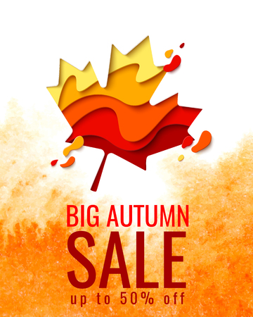 Vector Autumn Sale template with paper cut autumn maple leaf on watercolor background for shopping sale flyer, web banner. Fall seasonal shopping promo posterのイラスト素材