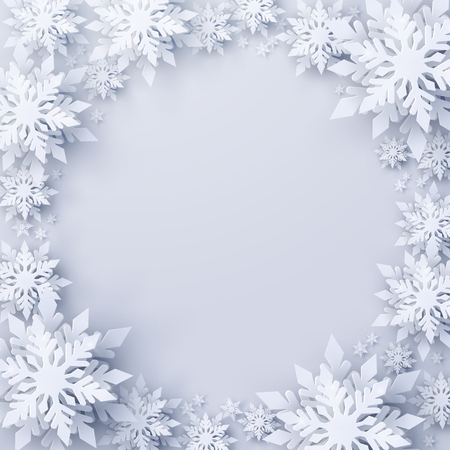 Vector Merry Christmas and Happy New Year greeting card design with white realistic 3d layered paper cut snowflakes. Seasonal Christmas and New Year holidays paper art template backgroundの写真素材