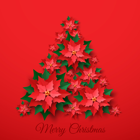 Vector Red Christmas tree made of 3d layered Poinsettia Flower in paper cut style on red background. Happy New year and merry Christmas greeting card design templateのイラスト素材