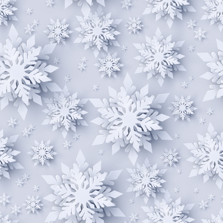 Vector Merry Christmas and Happy New Year seamless pattern design with 3d white realistic layered paper cut snowflakes. Seasonal holidays backgroundのイラスト素材