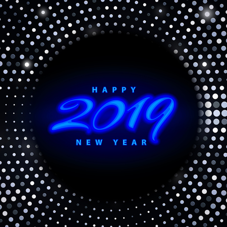 Happy New 2019 Year. Seasonal holiday vector illustration of neon numbers 2019 and retro glittering halftone pattern. Greeting card, poster or banner design templateのイラスト素材
