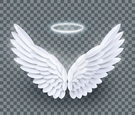 Vector 3d white realistic layered paper cut angel wings isolated on transparent backgroundのイラスト素材