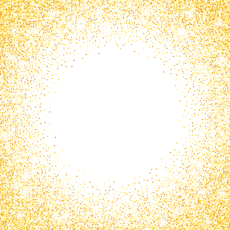 Vector gold glitter confetti dots rain. Golden sparkling glittering border isolated on white background. Party tinsels shimmer, holiday background design, festive frameのイラスト素材