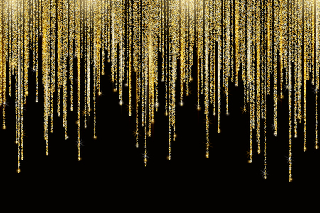 Vector falling in lines gold glitter confetti dots rain. Golden garland lights isolated on black background. Sparkling glitter border, party tinsels shimmer, holiday background design, festive frameのイラスト素材