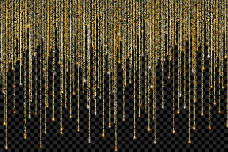 Vector falling in lines gold glitter confetti dots rain. Golden garland glittering lights isolated on transparent background. Sparkling glow border, party tinsels shimmer frame, holiday backgroundのイラスト素材