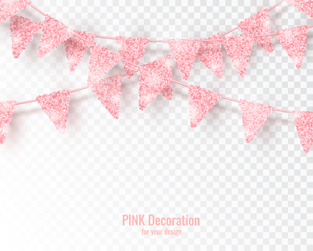 Glitter Pink Party Flags Decoration with Confetti isolated on transparent background. Vector Design Element for Birthday, Holiday and Celebration Bannersのイラスト素材