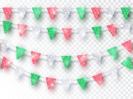 Glitter Italy Hungary Bulgaria Colors Party Flags Decoration set isolated on transparent background. Vector Green Red Silver Flags Hanging Design Element for National Dayのイラスト素材