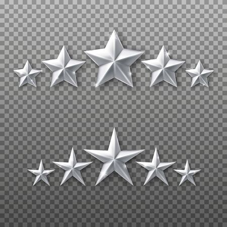 5 Silver stars rating set isolated on transparent background. Vector realistic five white starsのイラスト素材